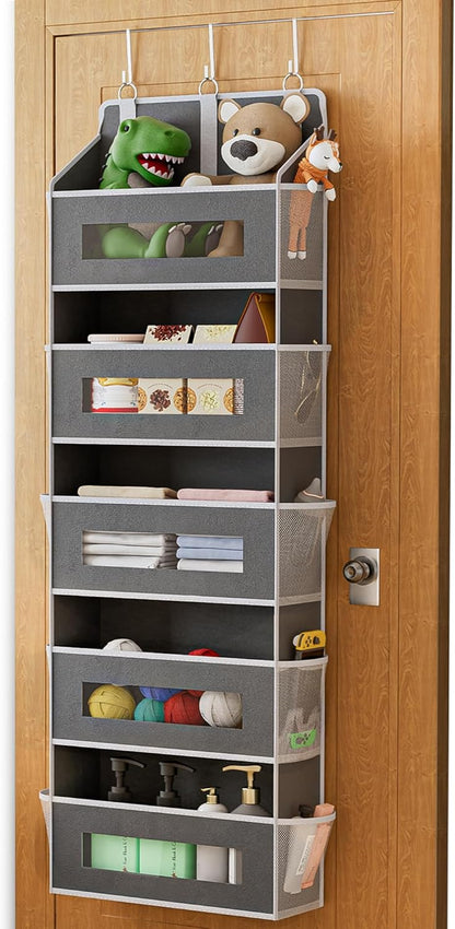 2 Pack 5 Tier Over The Door Organizer - Large Capacity Behind Door Hanging Shelves with 10 Mesh Pockets and Clear Windows, Closet Organizers and Storage for Bathroom, Bedroom, Nursery, Grey