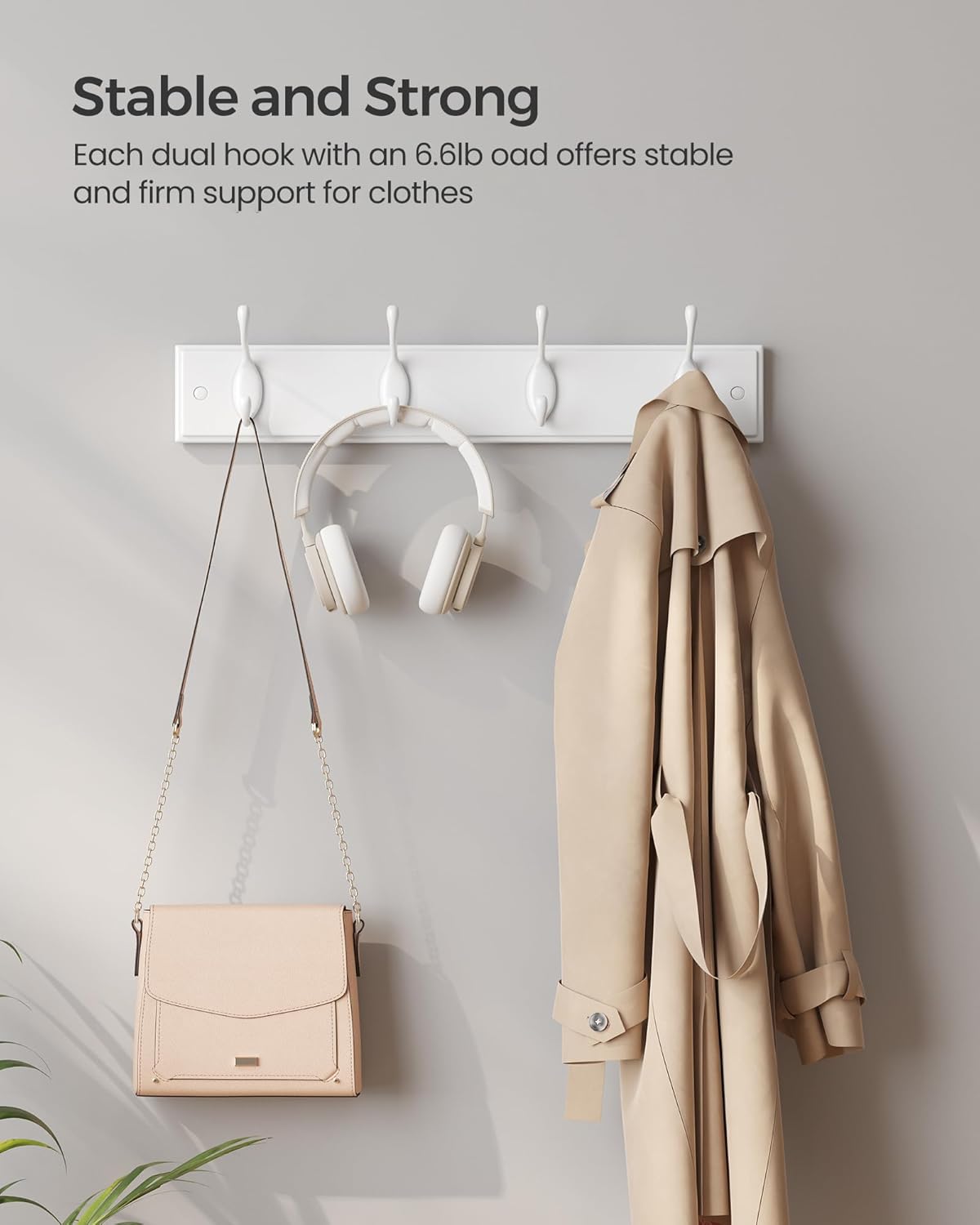 SONGMICS Wall-Mounted Coat Rack, Hook Rack, 4 Dual Metal Hooks, White | For Coats, Bags, Keys, in the Entryway, Bedroom, Living Room ULHR23WT