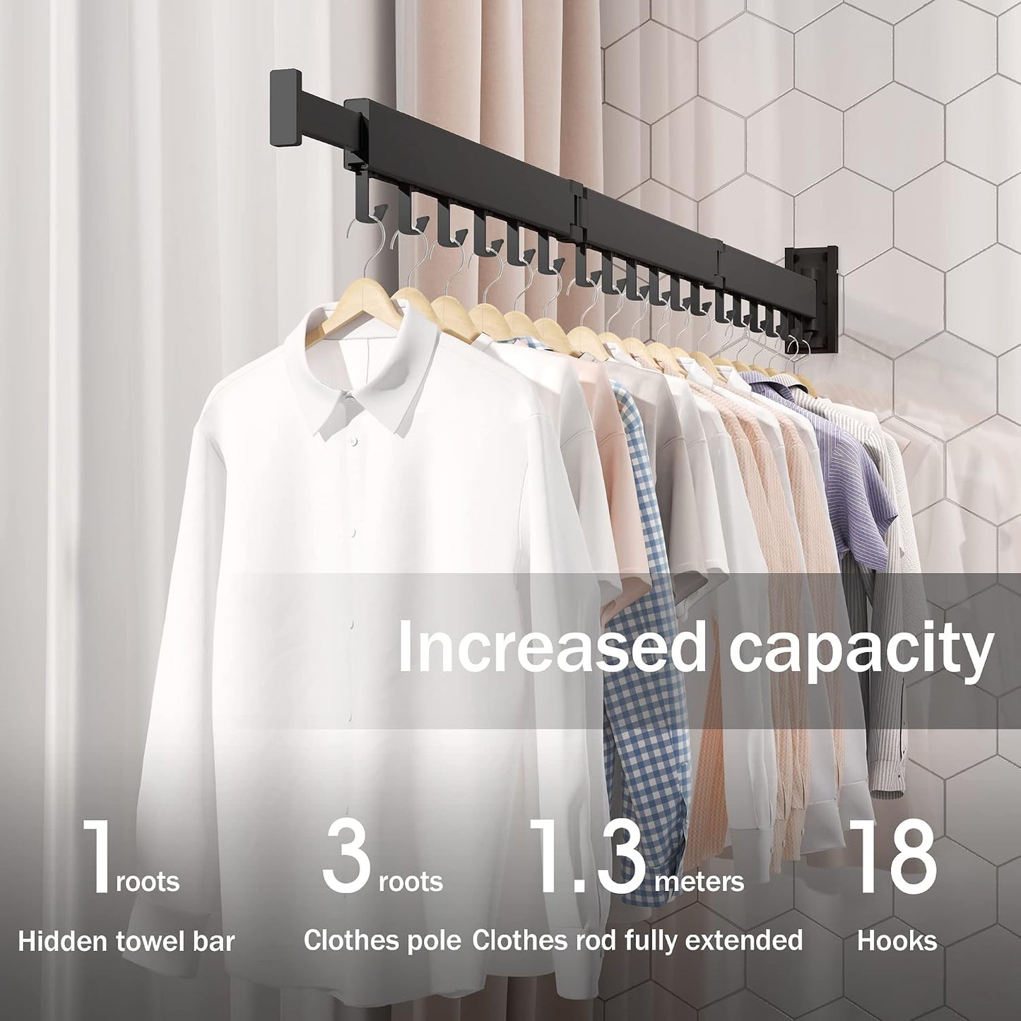 LIENAHU Wall Mounted Clothes Drying Rack, Collapsible, Folding, Retractable - Clothes Hanging Rack (Hooks, White)