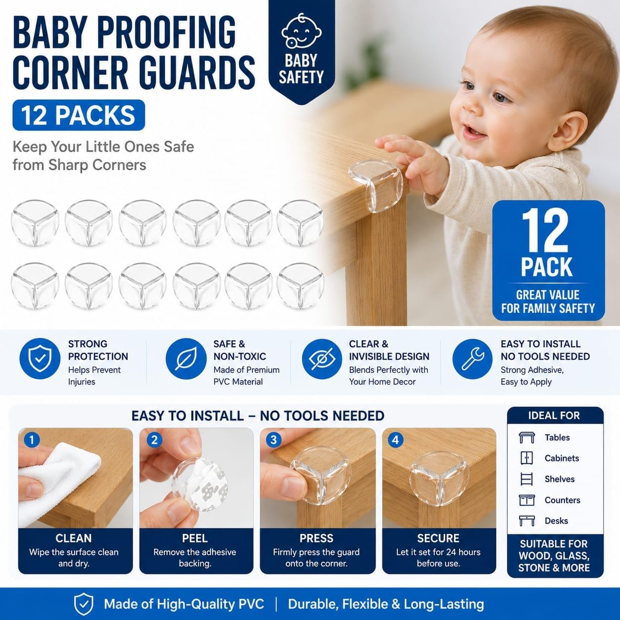 Corner Guard Baby Proofing 12 Packs - Clear Coerner Protectors with Strong Adhesive for Furniture, BPA Free, Soft PVC Edges Safety Bumpers for Tables, Cabinets, DESKS & Countertops