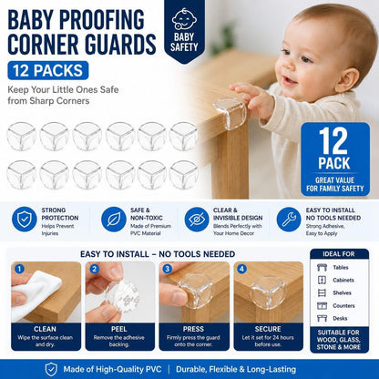 Corner Guard Baby Proofing 12 Packs - Clear Coerner Protectors with Strong Adhesive for Furniture, BPA Free, Soft PVC Edges Safety Bumpers for Tables, Cabinets, DESKS & Countertops
