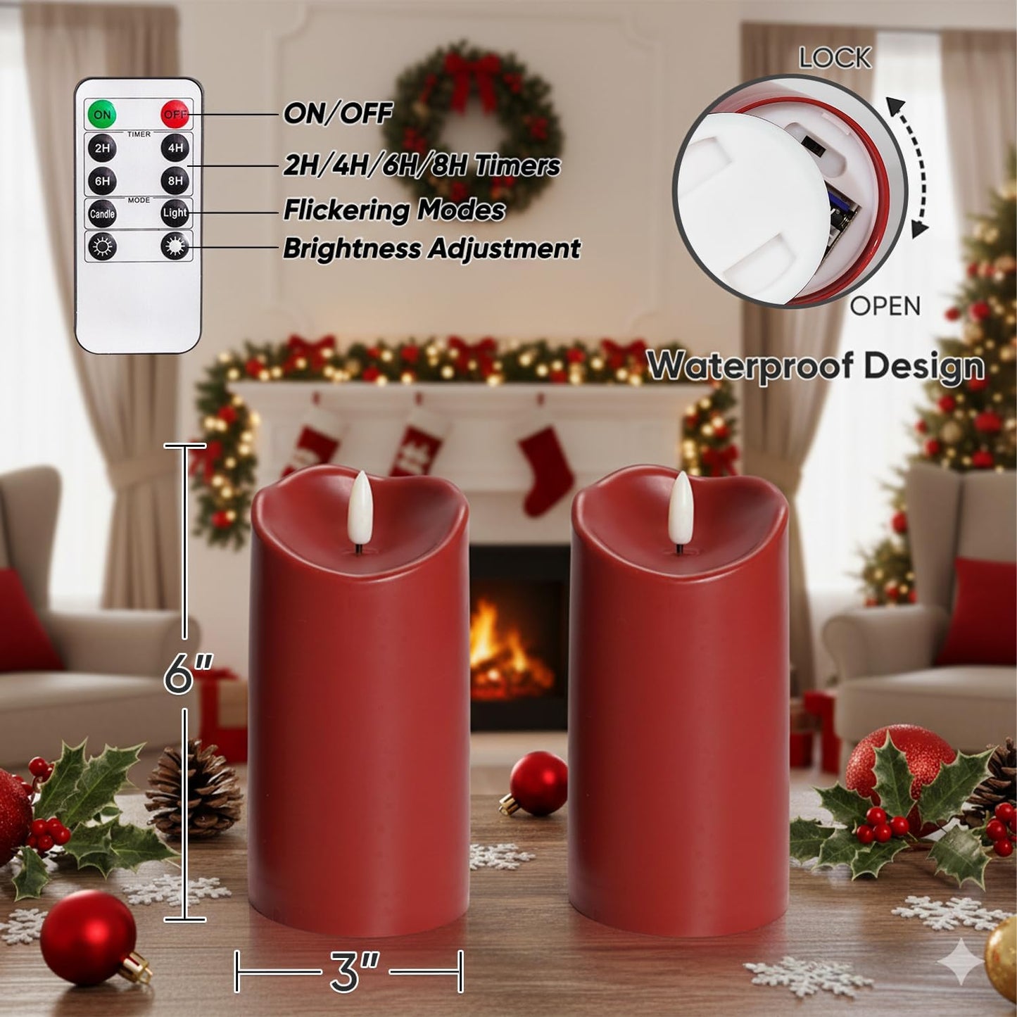 Homemory Dripping Wax Flameless Candles, Battery Operated Candles with Remote Control and Timers, LED Pillar Candles, Electric Fake Candles, 3" x 6", Set of 2