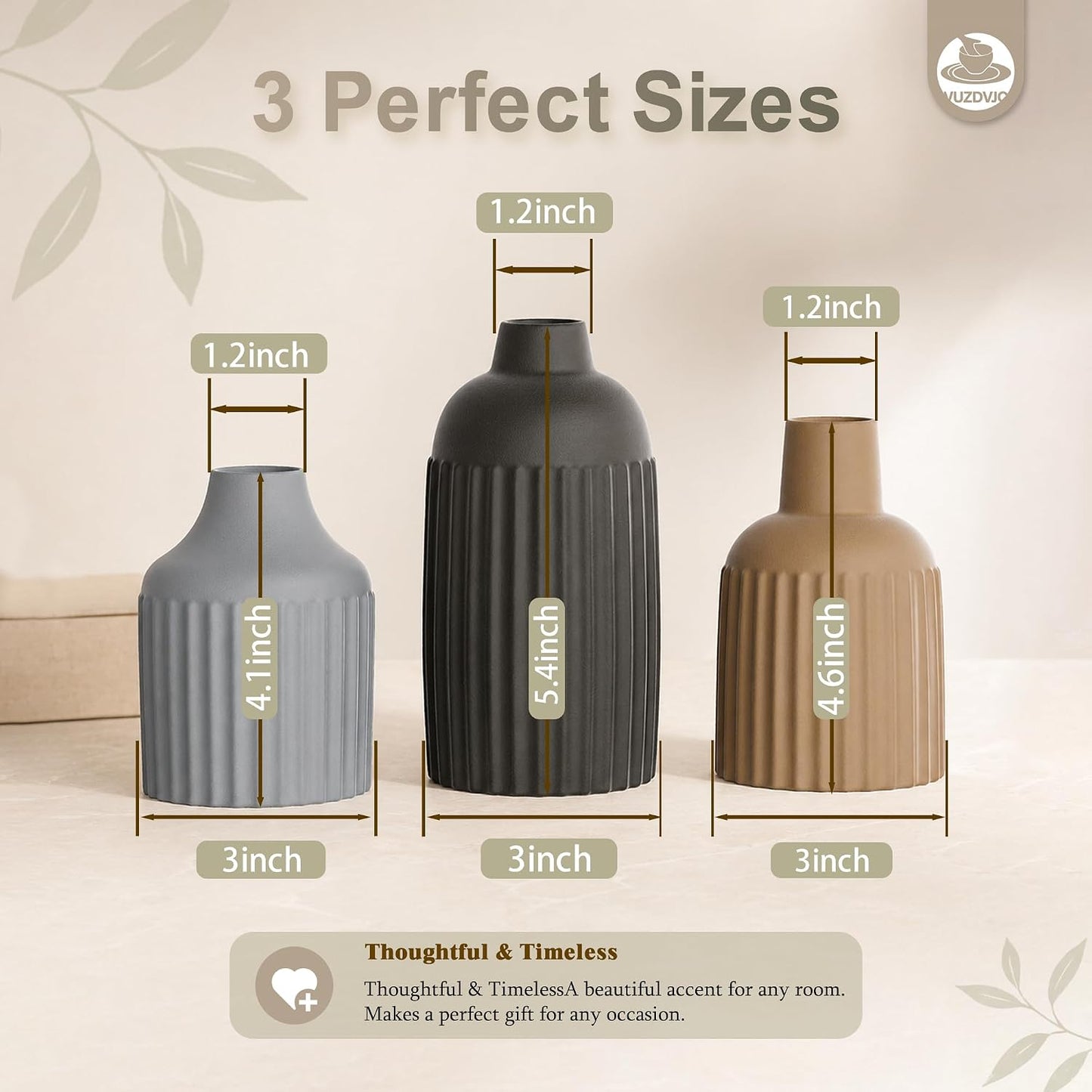 Beige Decorative Vase Set of 3 - Modern Boho Style Ribbed Ceramic Bud Vases for Flowers, Mini Small Vases for Shelf, Shelves, Bookshelf, Entryway Table & Home Decor Aesthetic (Beige White)