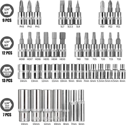 Egofine 46 Pieces 1/4 inch Drive Socket Ratchet Wrench Set, with Bit Socket Set Metric and Extension Bar for Auto Repairing and Household, with Storage Case