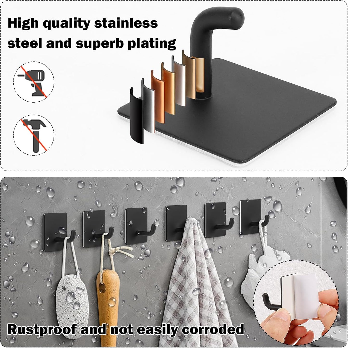 Livabber Adhesive Towel Hooks, 304 Stainless Steel Self Sticky Wall Hooks Waterproof Shower Hooks for Robe/Clothes, No Drilling Towel Hangers for Bathroom Kitchen Bedroom (Brushed Nickel, 6 Packs)