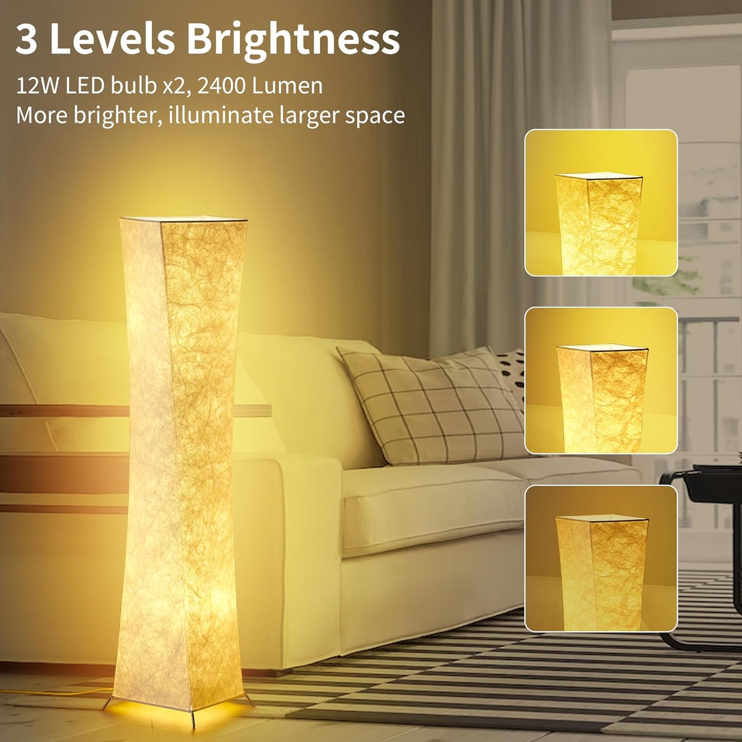 chiphy Floor Lamp, Dimmable 61" Tall Standing Lamp, 3 Levels Adjustable Brightness 12Wx2 LED Bulbs, Column Floor Light w/White Fabric Shade, Home Decor for Living Room, Bedroom, Kids Room