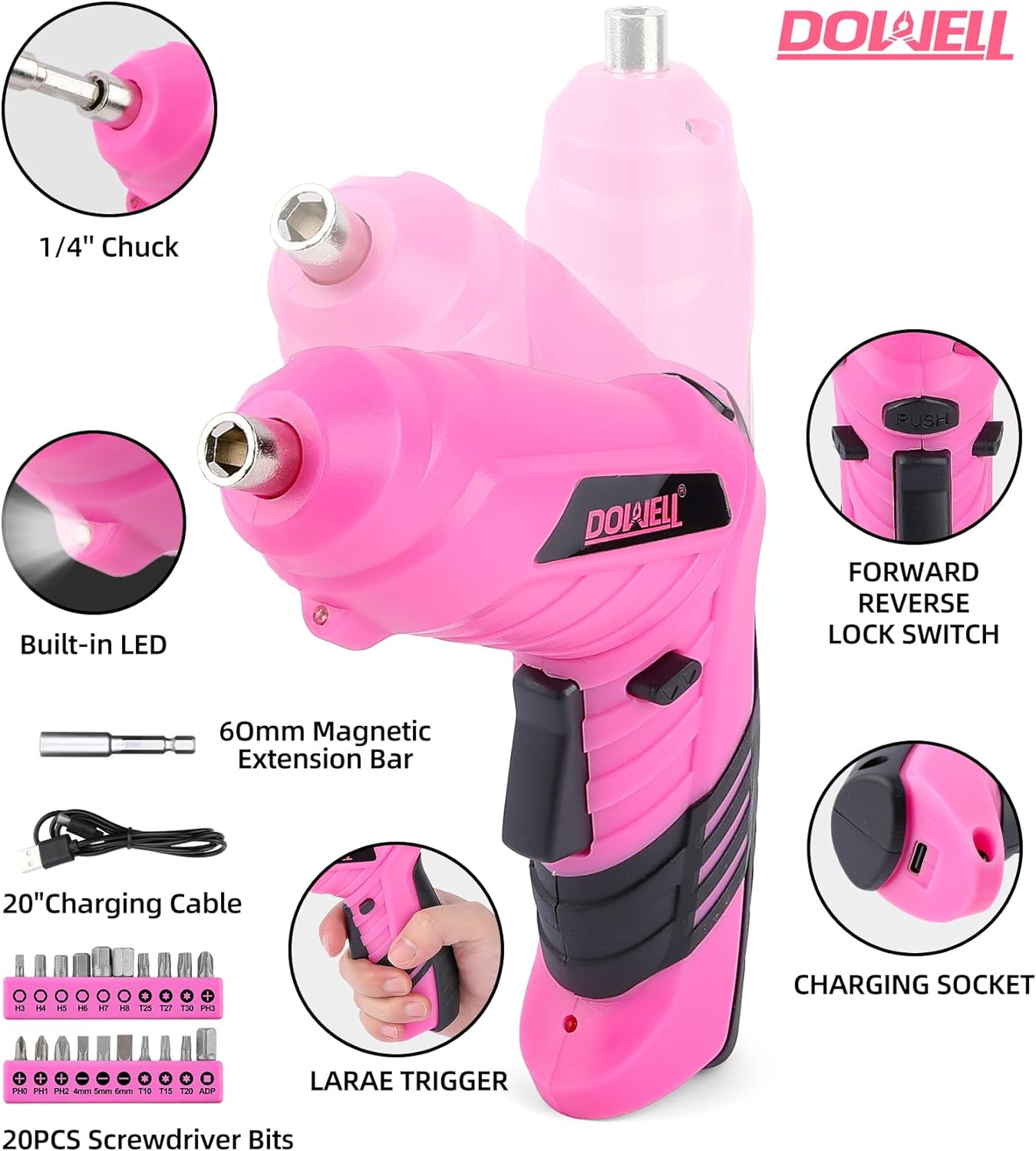 143 Pcs Pink Homeowner Tool Set with 3.6V Cordless Screwdriver General Household Hand Tool Kit with Plastic Tool box Storage Case for Women,Men