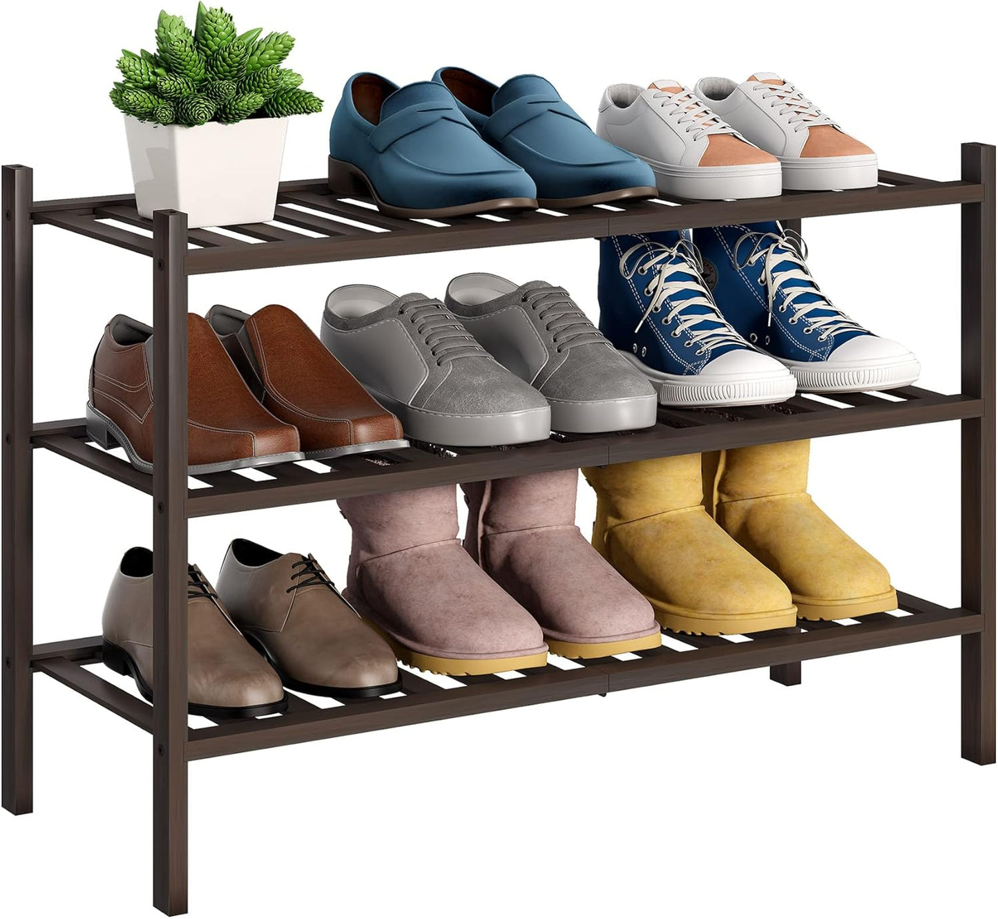 BMOSU 2-Tier Bamboo Small Shoe Rack Premium Stackable Shoe Shelf Storage Organizer for Hallway Closet Living Room Entryway Organizer (Black Bamboo)