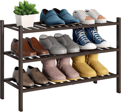 BMOSU 2-Tier Bamboo Small Shoe Rack Premium Stackable Shoe Shelf Storage Organizer for Hallway Closet Living Room Entryway Organizer (Black Bamboo)