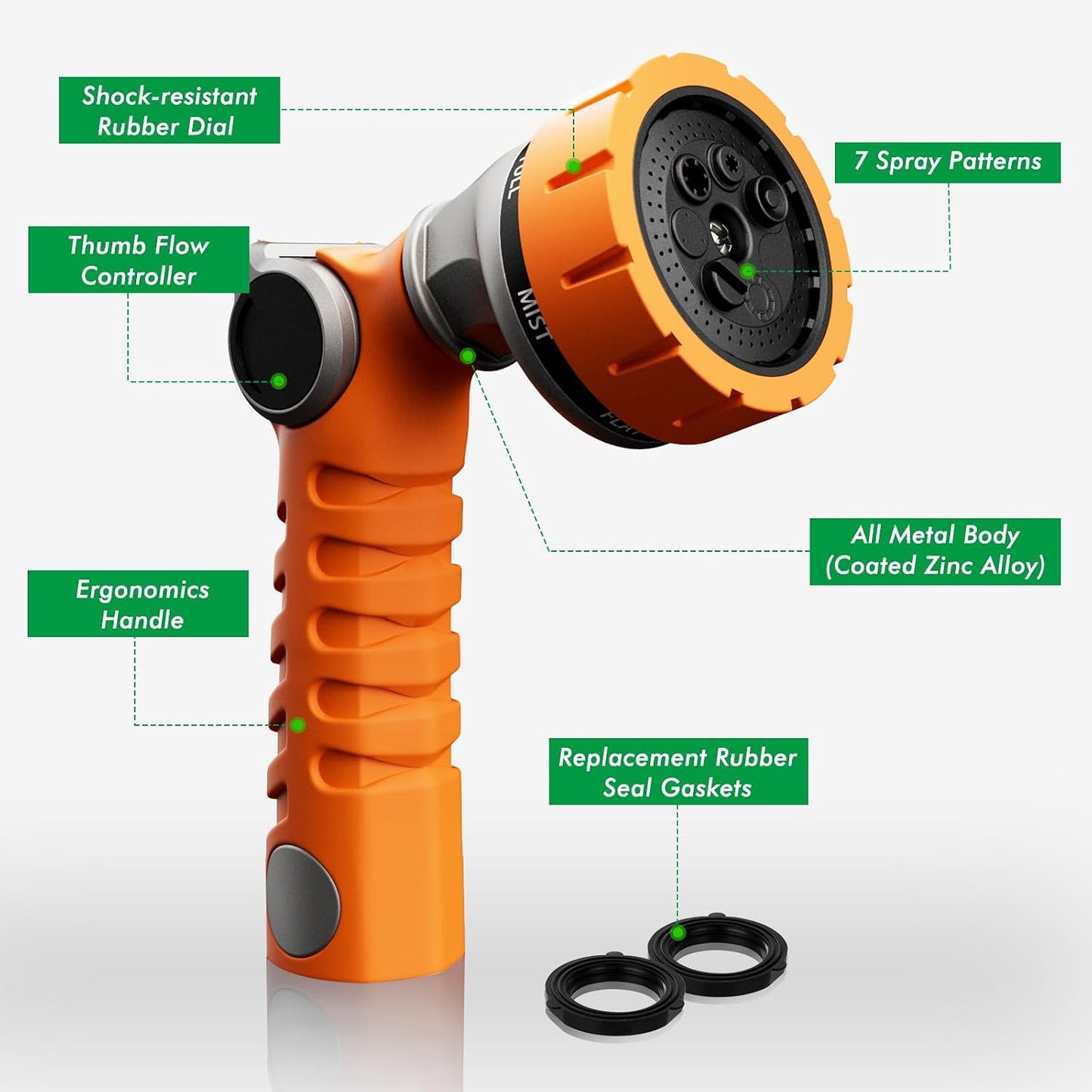 RESTMO Heavy Duty Hose Nozzle, Metal Garden Water Hose Sprayer with 7 Watering Patterns, Thumb Control, On Off Valve, High Pressure Nozzle Sprayer for Watering Plants, Car and Pet Washing, Bronze