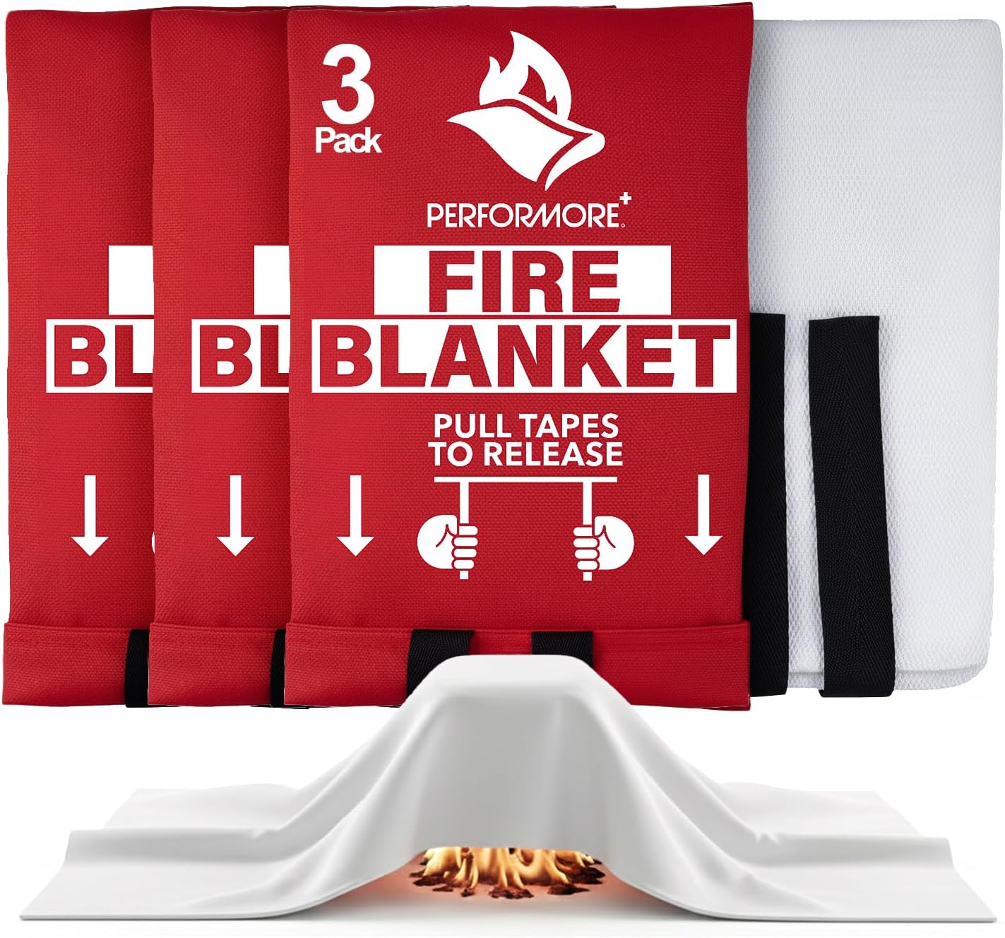 Performore 3-Pack Fire Blankets 40" x 40" Emergency Flame-Resistant Fire Suppression Blankets for Home, Kitchen, Grill, Car & Office Fiberglass Fire Safety Blanket for Small Fires