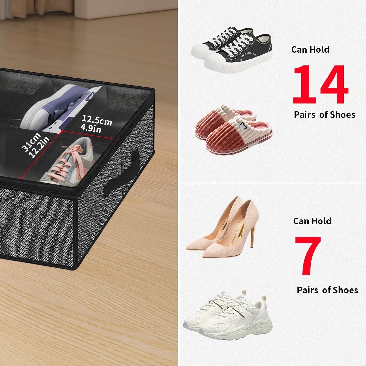 Onlyeasy Sturdy Under Bed Shoe Storage Organizer, Set of 2, Fit 12 to 24 Pairs, Underbed Shoes Closet Storage Solution with Clear Window, Breathable, L29.3 x W23.6 x H5.9, Linen-like Black, MXAUBSB2P
