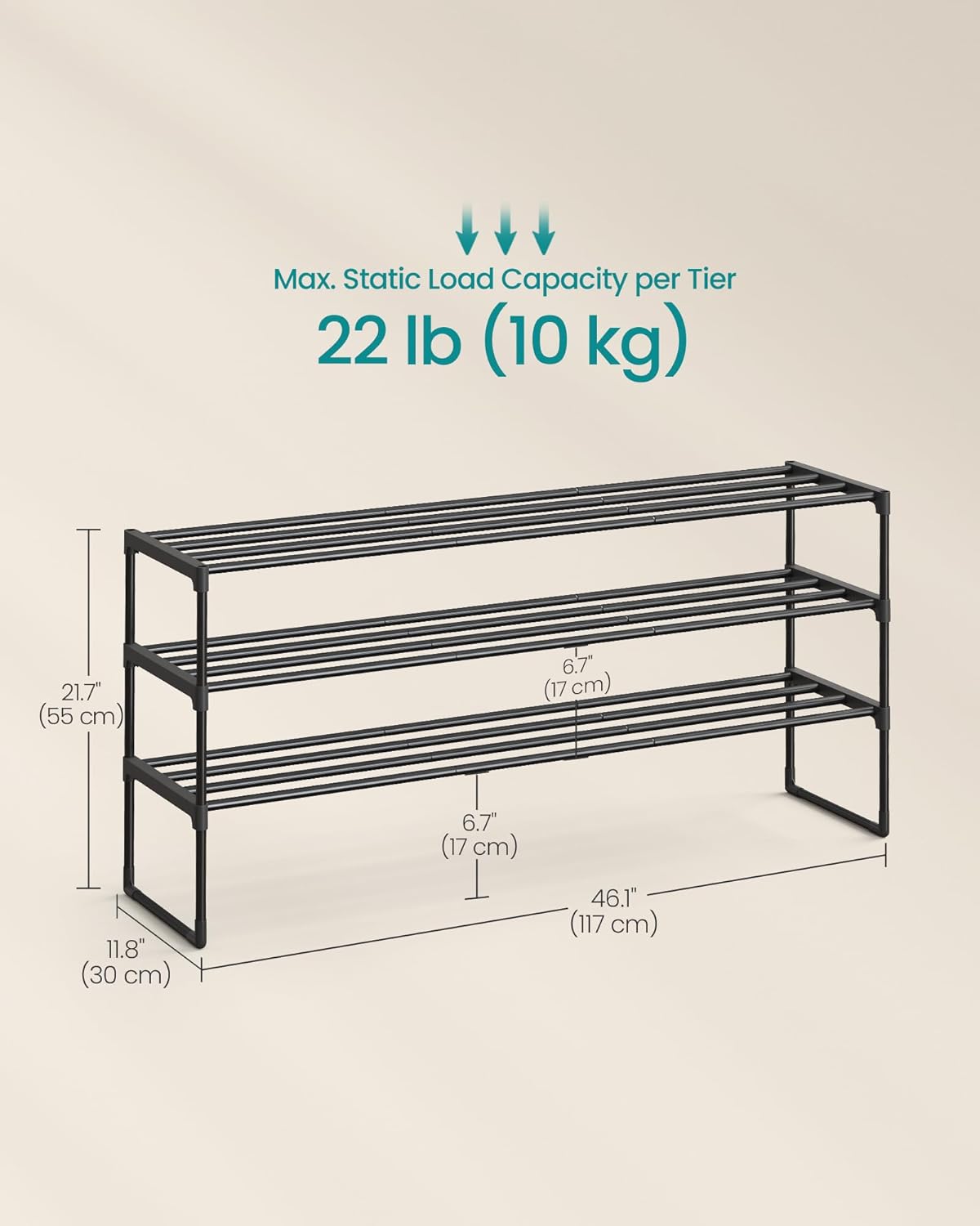 SONGMICS Shoe Rack, 6-Tier Shoe Organizer, Metal Storage Shelf, Upright or Upside Down, for 24-30 Pairs, Stackable, for Entryway, 11.8 x 36.2 x 42.7 Inches, Black ULSA306BH01
