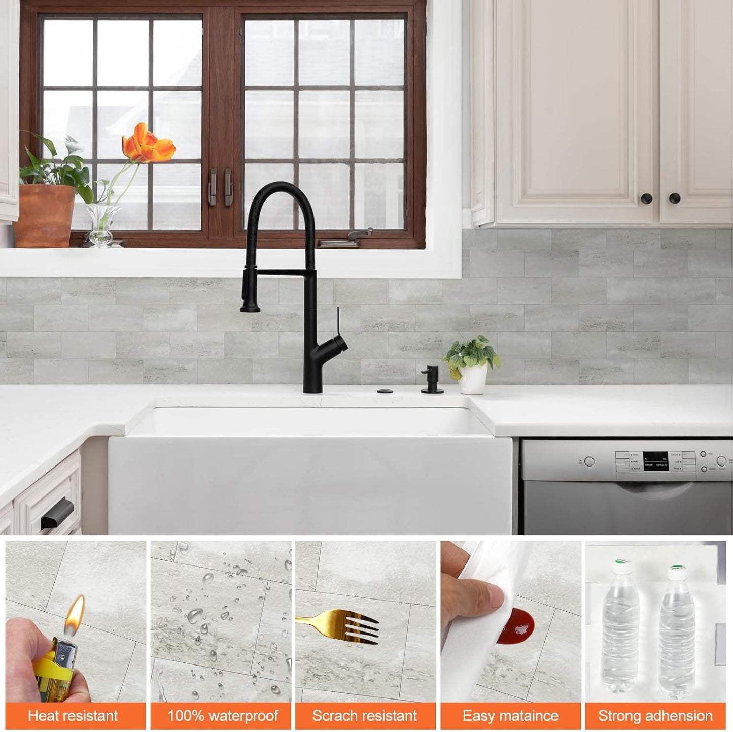 10- Sheet Polished White Peel and Stick Backsplash, 12’’Luxury PVC Ceramic Look Self Stick Subway Tiles, Waterproof Peel and Stick Wall Tiles for Kitchen and Bathrrom