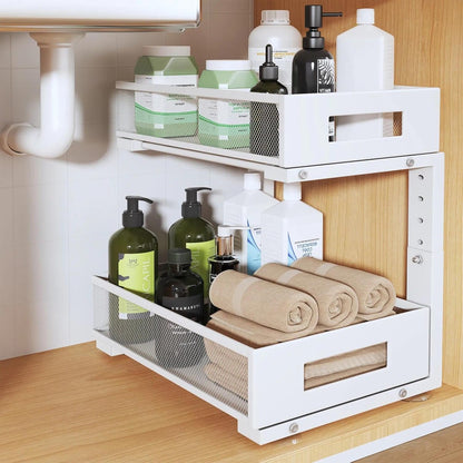Under Sink Organizer, 2-Tier Dual Pull Out Cabinet Organizer Drawers With Smooth Circular Rail, Large Capacity Metal Mesh Sliding Shelves For Bathroom& Kitchen Storage,Height Adjustable–White,2 Packs