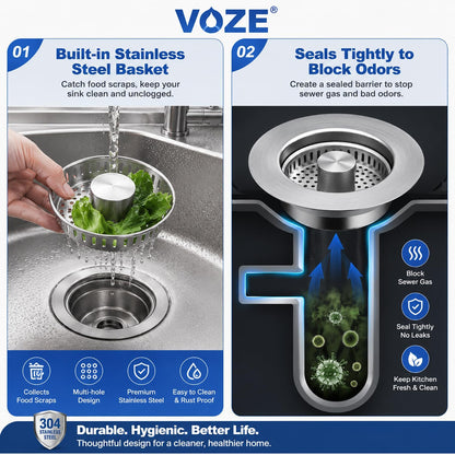 3-in-1 Kitchen Sink Drain Strainer & Stopper with Basket, Stainless Steel Drain Plug Cover Catcher for Food Waste - Sink Accessories for Home or Kitchen Sink Shroom Fit US Standard 3-1/2'' Drain Hole