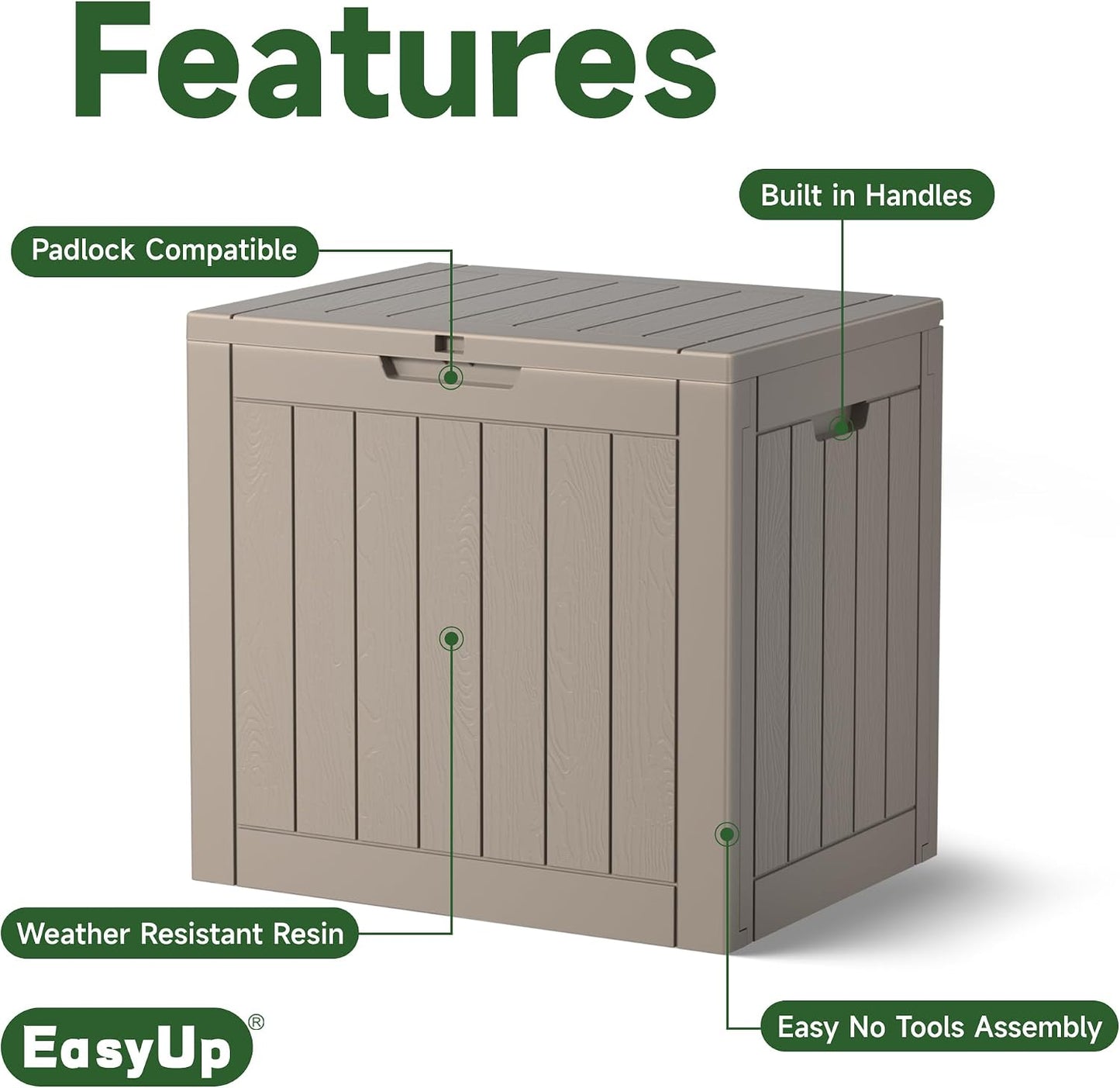 EasyUp 50 Gallon Outdoor Storage Box Waterproof Lockable Deck Boxes | UV Resistant Resin, for Garden Tools Cushions Patio Equipment, 300 lbs Capacity, Portable Design, Easy 16-Min Assembly