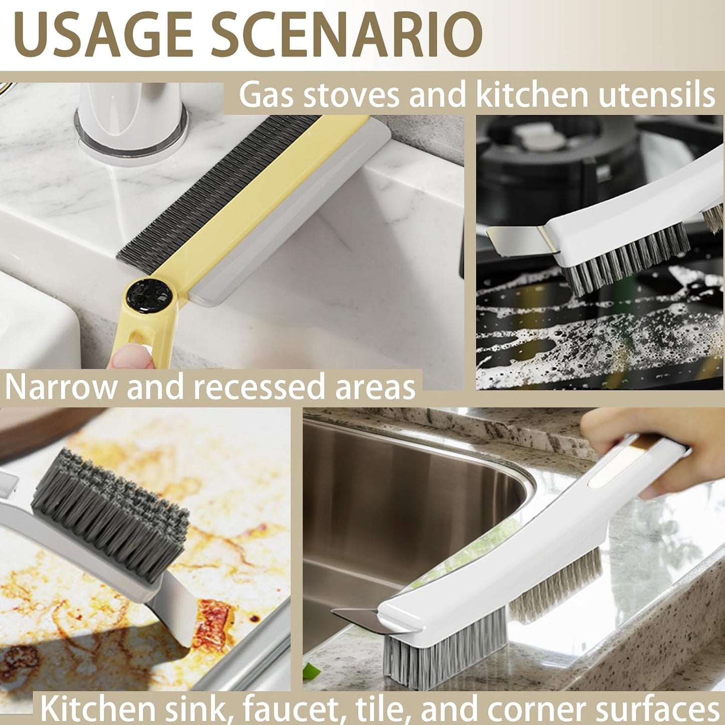 Crevice Cleaning Brushes with Rotatable Handle, Wire Nylon Scrub Brush with Stainless Steel Scraper, Grout Brush for Kitchen Stove Sink Tiles Corners Range Hood Door Window Track, 2 Pcs
