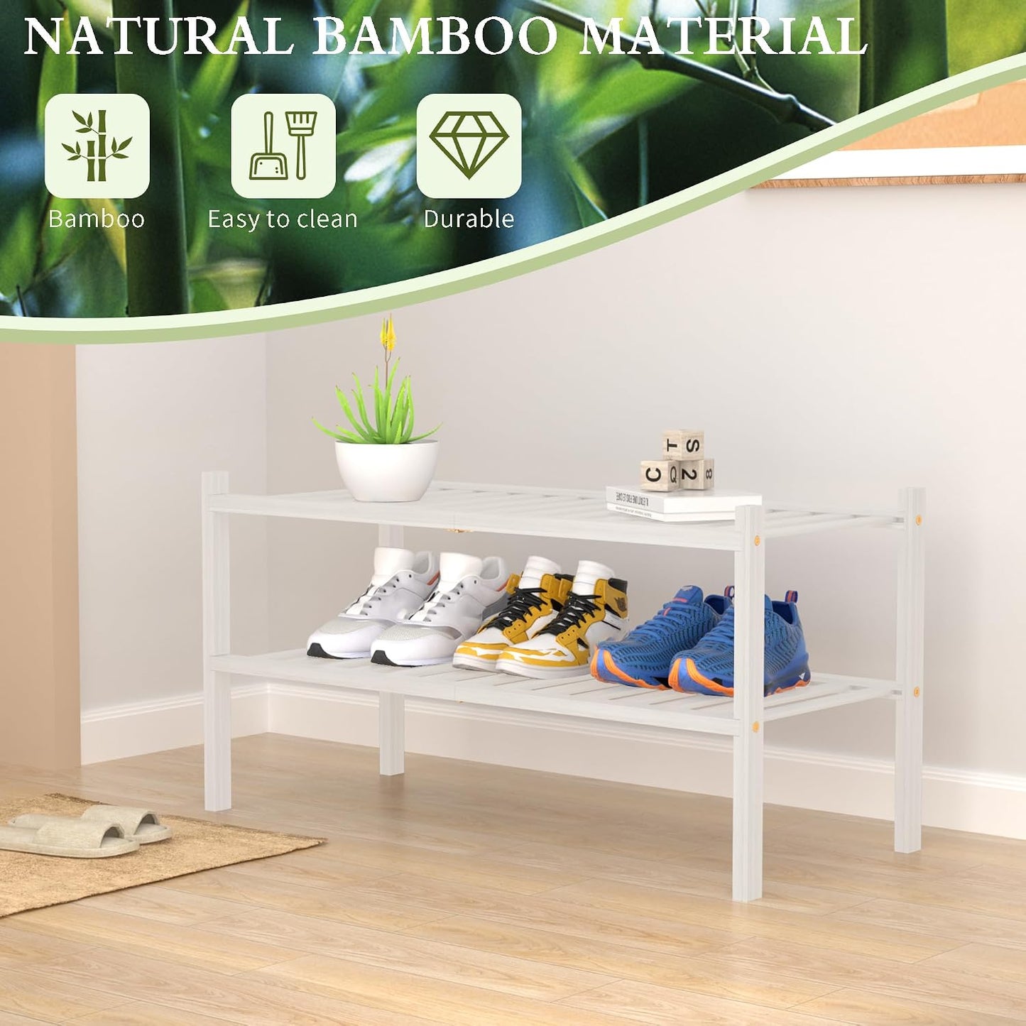 ROMGUAR CRAFT 3 Tier Bamboo Shoe Rack for Closet Free Standing Wood Shoe Shelf Storage Organizer for Entryway Small Space Stackable 27"x11"x20" (Natural)
