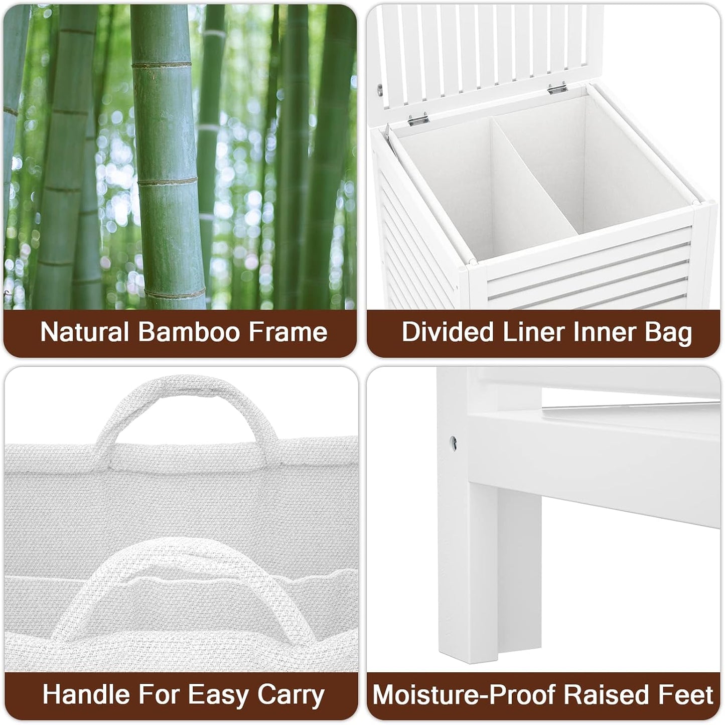 Homykic Bamboo Laundry Hamper with Lid, 120L Large Clothes Laundry Sorter with Removable 2-Section Liner Bag, Raised Laundry Basket Organizer for Clothing, Bathroom, Bedroom, Laundry Room, Natural
