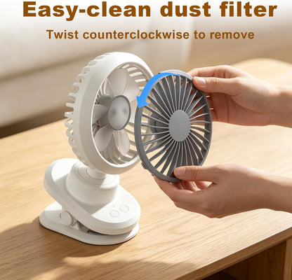 USB Clip On Fan, 180° Auto Oscillation 4-Speed Rechargeable Personal Fan with 3600mAh Battery, Quiet Brushless Motor, 3.2cm Strong Clip for Home, Office, Bedroom, Camping, Travel White