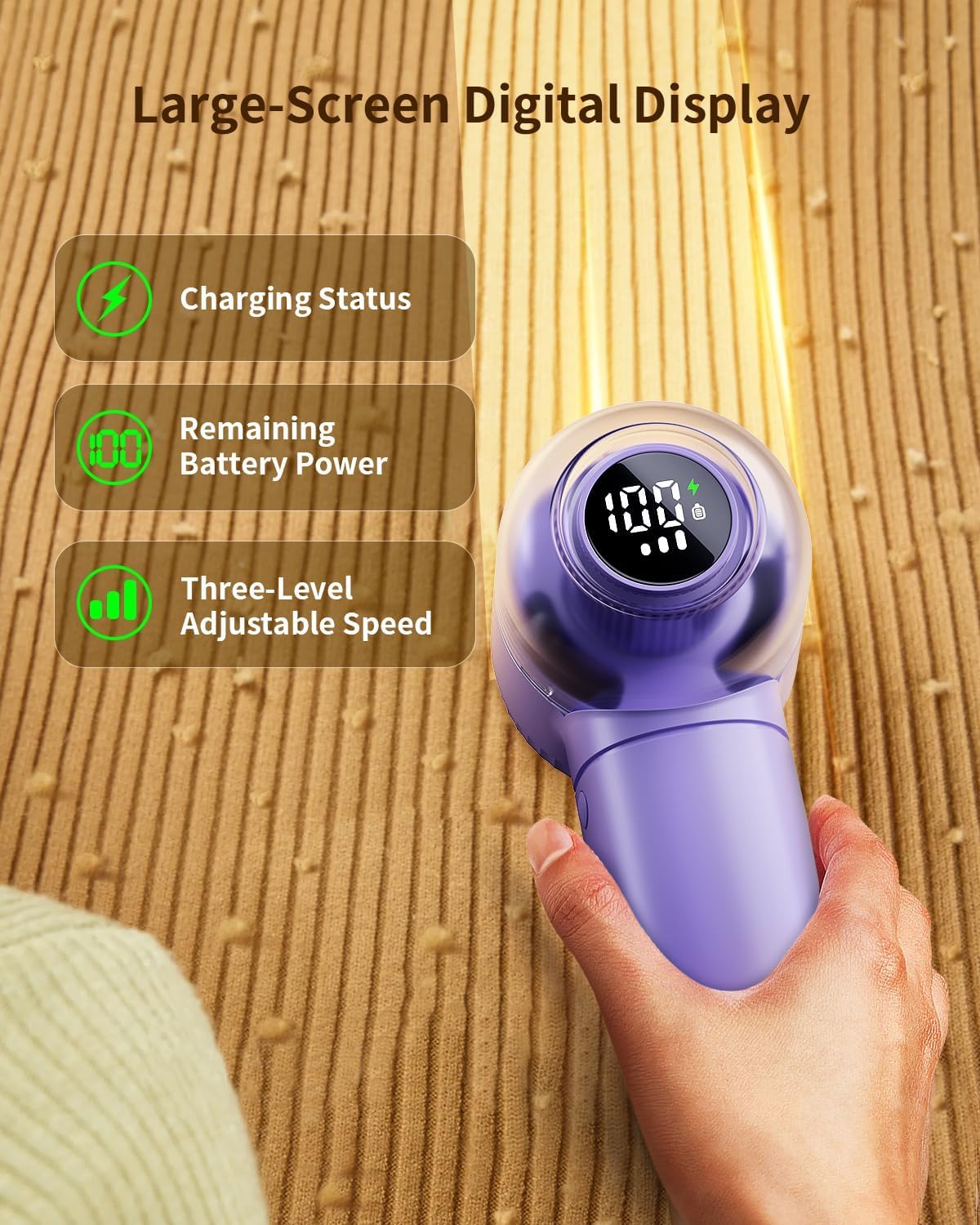 Fabric Shaver, 𝟮 𝗶𝗻 𝟭 Rechargeable Lint Remover with Brush, Large Sweater Shaver with Digital Display, 3 Speeds Lint Shaver, 6-Leaf Blades Lint Remover for Clothes, Sofa, Bedding, White