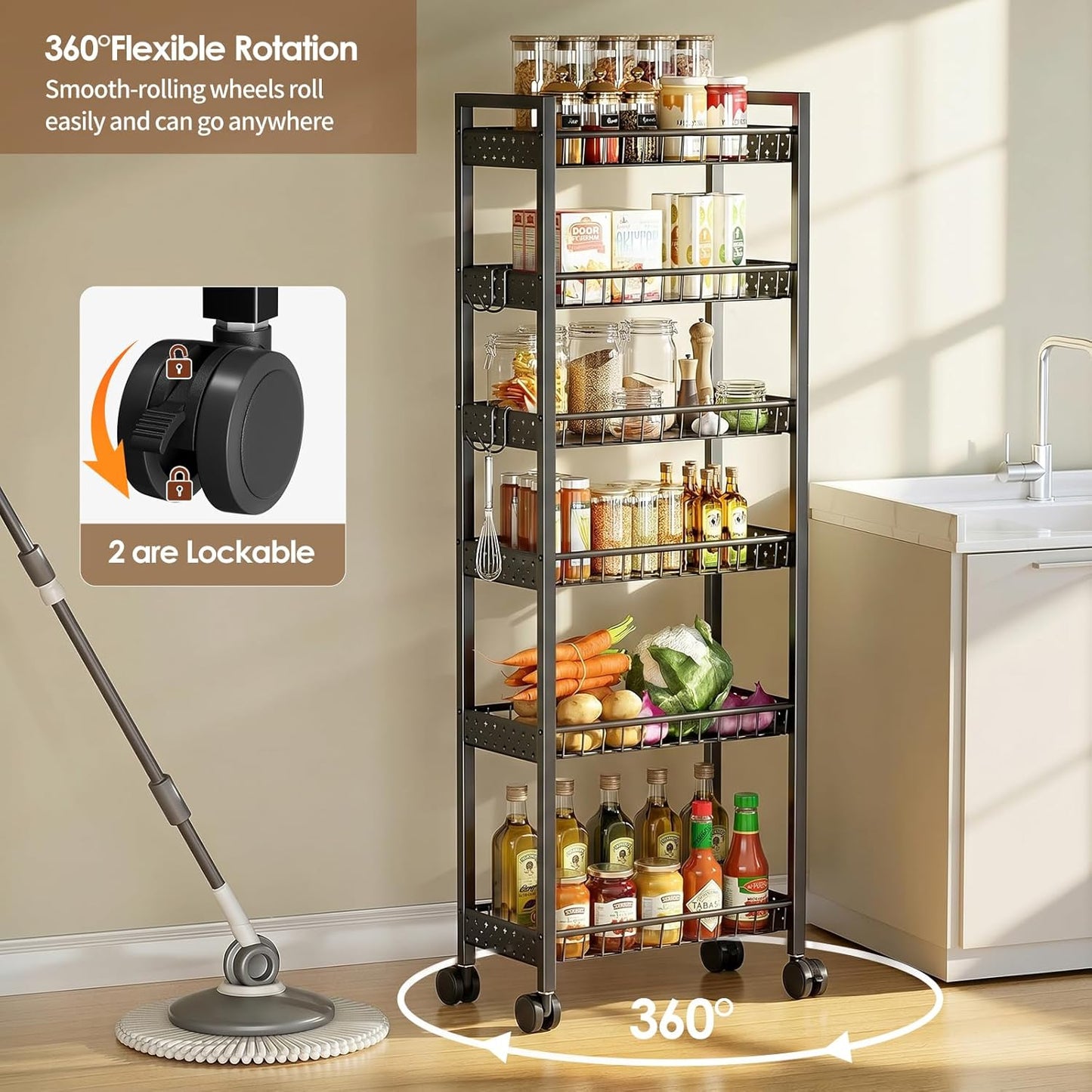 Slim Storage Rolling Cart, 4 Tier Narrow Cart with Wheels, Metal Kitchen Rolling Cart for Small Spaces, Slide Out Storage Shelves for Kitchen, Laundry Room, Bathroom, Living Room, 7.1in(W)