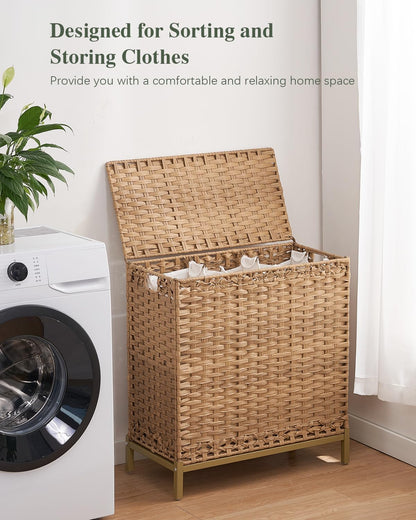 SETVSON Laundry Hamper with Lid 132 L, (35 Gallons) Clothes Hamper with Lid, Handwoven Rattan Laundry Hamper with Metal Heightened Feet, Laundry Hampers with 3 Removable Liner Bags for Laundry-Natural