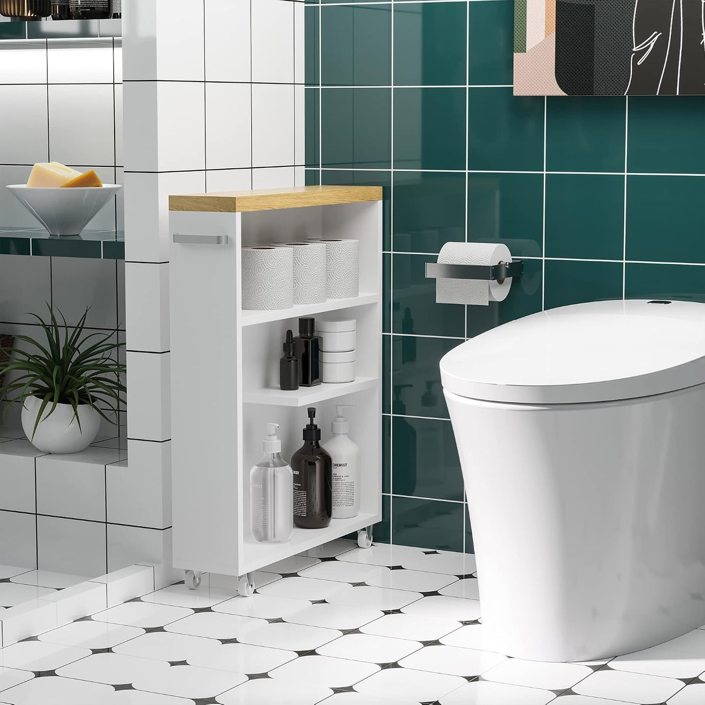 kleankin Slim Bathroom Cabinet with Castor Wheels Storage Organizer and Wood Shelves to Fit in Small Spaces, White
