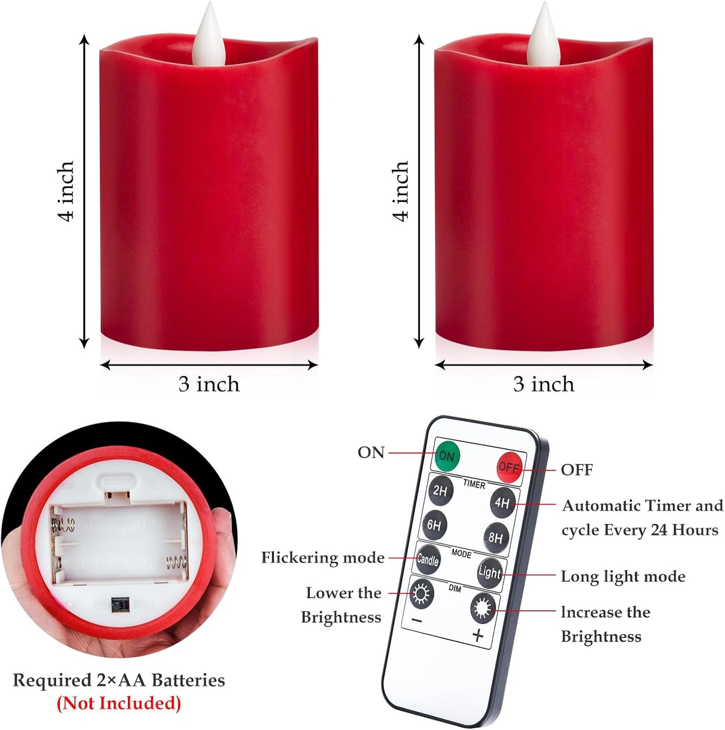 3"x4" Flickering Flameless Battery Candles with Timer, White Realistic LED Pillar Candles, Set of 2 Large Remote-Operated Candles for Home Indoor/Outdoor & Holiday Decor