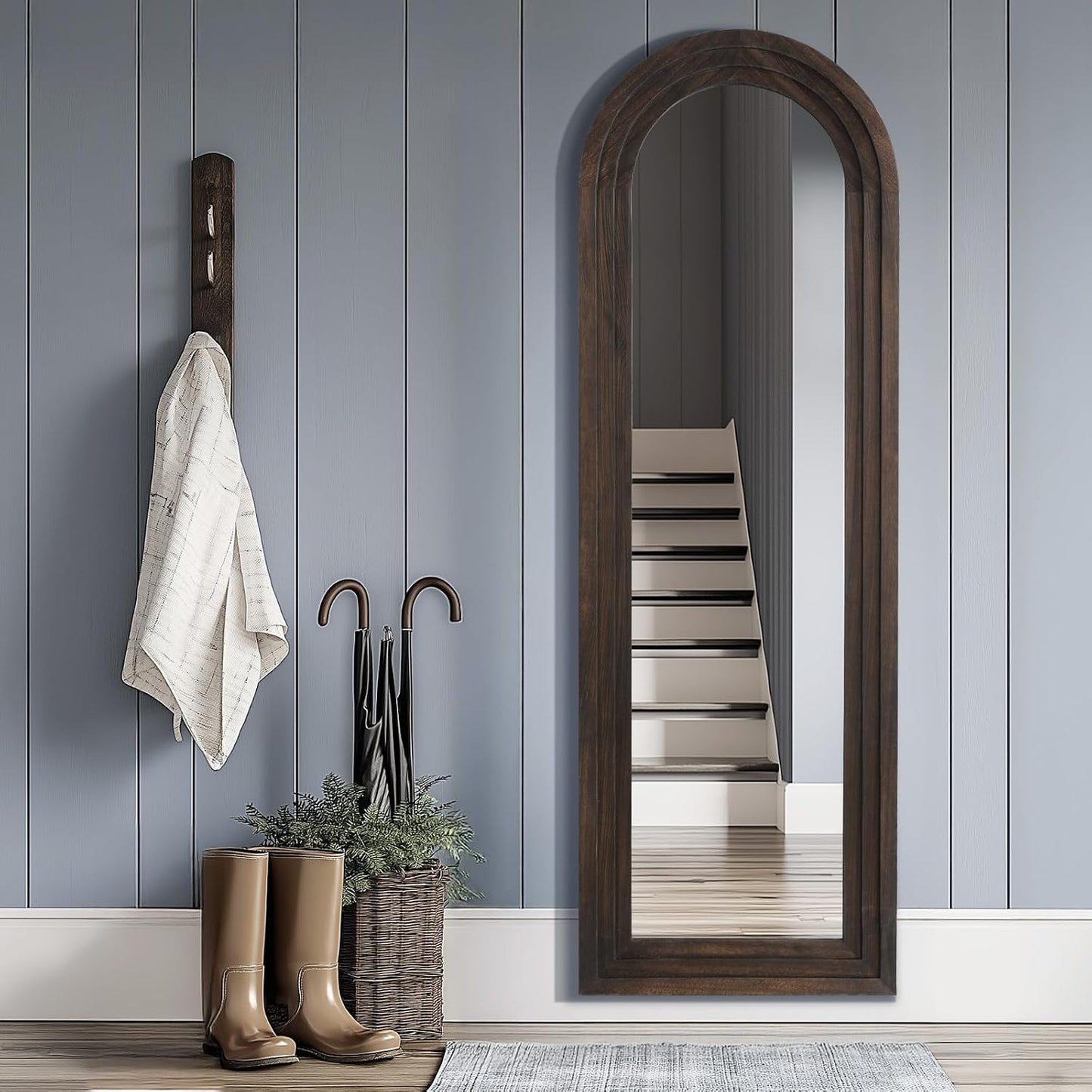 MELOMOIR Arched Full Length Mirror with Solid Wood Frame, 56"x21" Rustic Farmhouse Floor Mirror with Stand, Free Standing Leaning Hanging, for Bedroom Living Room Dressing Room Entryway, Brown