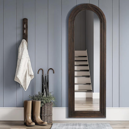MELOMOIR Arched Full Length Mirror with Solid Wood Frame, 56"x21" Rustic Farmhouse Floor Mirror with Stand, Free Standing Leaning Hanging, for Bedroom Living Room Dressing Room Entryway, Brown
