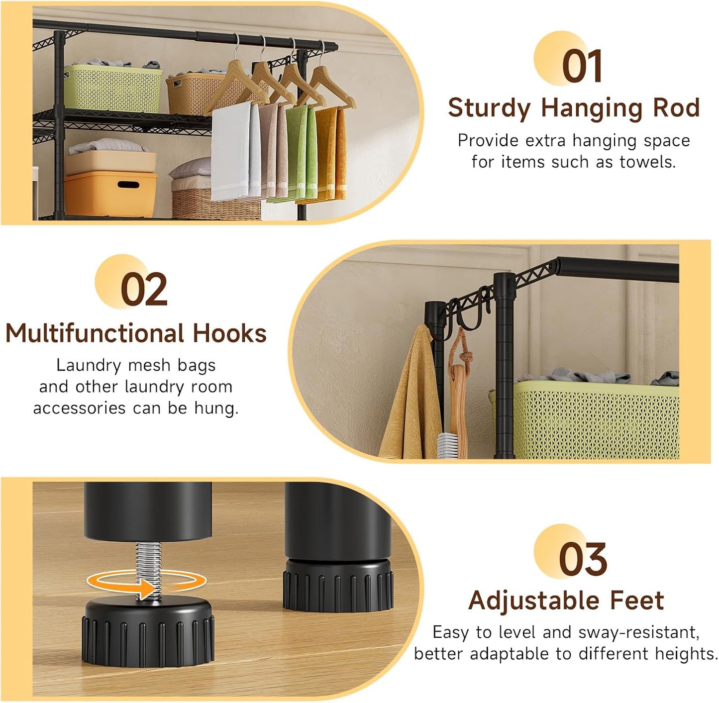 ONBRILL Expandable Over Washer and Dryer Shelves, 6 Tiers Laundry Room Organization and Storage with 2 Hanger Rods, 4 Hooks, Adjustable Height Metal Freestanding Clothes Drying Rack, Black