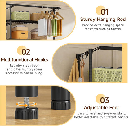 ONBRILL Expandable Over Washer and Dryer Shelves, 6 Tiers Laundry Room Organization and Storage with 2 Hanger Rods, 4 Hooks, Adjustable Height Metal Freestanding Clothes Drying Rack, Black