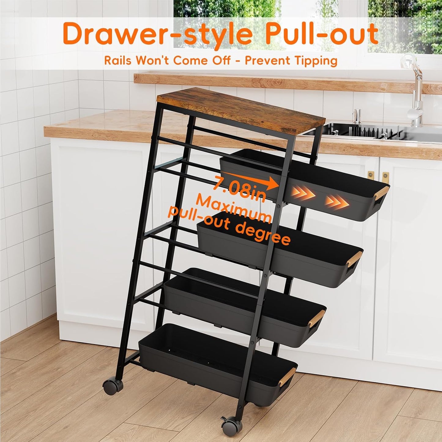 5-Tier Slim Storage Cart, Wooden Top Rolling Kitchen Cart with Pull-Out Baskets & Wheels, Narrow Space Utility Cart Slide Out Organizer for Kitchen, Bathroom, Laundry Room, White