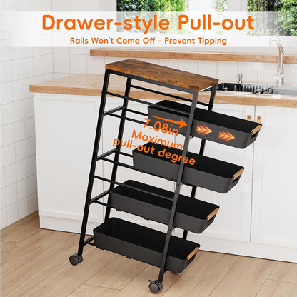 5-Tier Slim Storage Cart, Wooden Top Rolling Kitchen Cart with Pull-Out Baskets & Wheels, Narrow Space Utility Cart Slide Out Organizer for Kitchen, Bathroom, Laundry Room, White