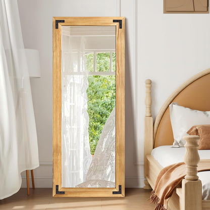 55"x22" Full Length Mirror with Wooden Frame，Natural Wooden Standing Mirror, Solid Wood Frame, Hanging or Leaning Wall-Mounted, Suit for Farmhouse, Living Room, Bedroom (Light Brown)