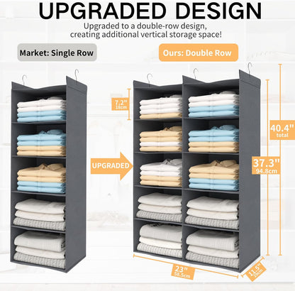 ALLTIDYUP Grey 5-Tier Hanging Closet Storage Organizer - Space-Saving Dual-Row Foldable Shelves with 3 Hooks, Wardrobe Organizer for Dorm, Bedroom, Clothes and Accessories