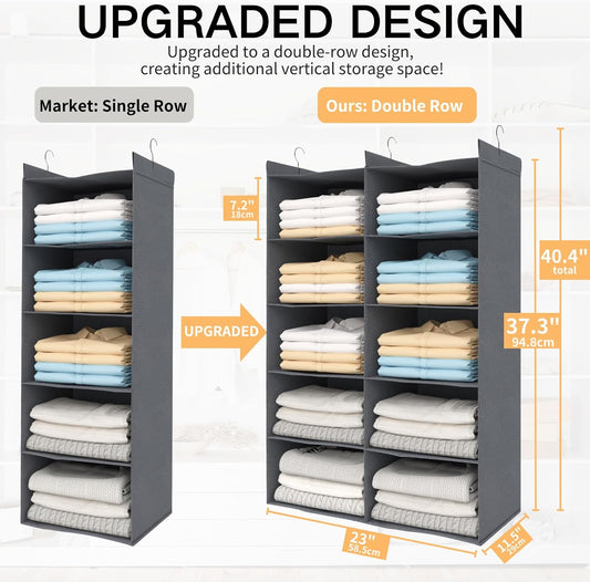 ALLTIDYUP Grey 5-Tier Hanging Closet Storage Organizer - Space-Saving Dual-Row Foldable Shelves with 3 Hooks, Wardrobe Organizer for Dorm, Bedroom, Clothes and Accessories