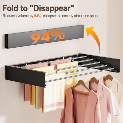 Wall Mounted Clothes Drying Rack Folding Indoor, Foldable Laundry Drying Rack Collapsible,Invisible, Space Saving, Retractable Towel Drying Rack, with Wall Template(5 Drying Rods, White 32")