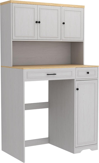 Over The Washer Dryer Storage Shelf Cabinet, Laundry Room Organizer with Basket, Drawer & Adjustable Shelves, Maximize Space Above Compact Washing Machine, Easy Assembly, Antique White