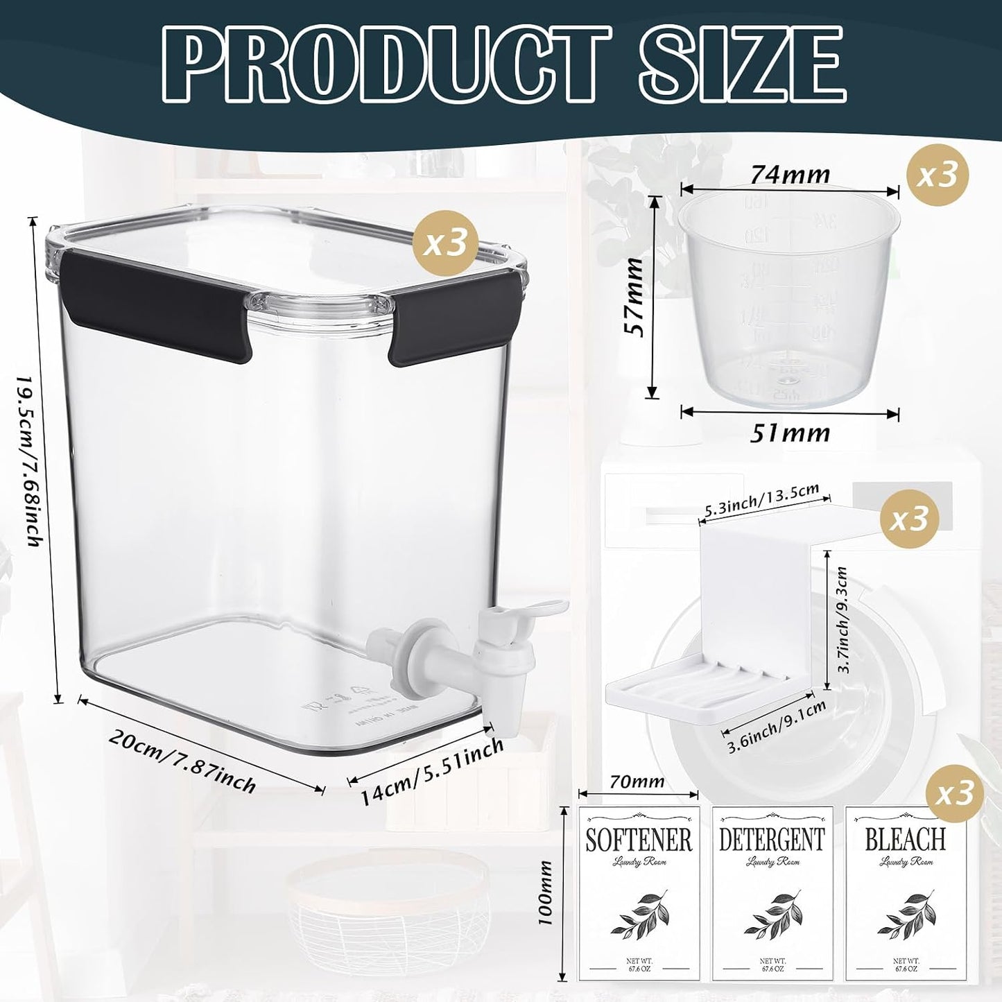 Soaoo 3 Set 67.6 oz Liquid Laundry Detergent Dispenser with Faucet and Cup Holder Labels Plastic Fabric Softener Container Detergent Drip Catcher for Laundry Room Washing Soap