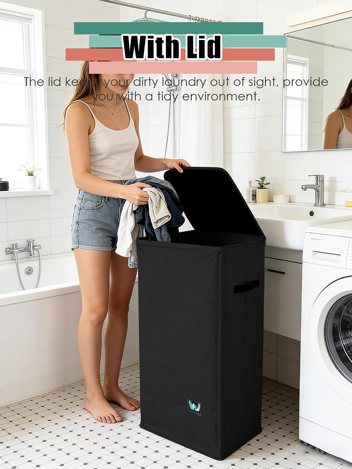 WTREE Laundry Hamper with Lid, Reinforced Sturdy Clothes Hamper with Anti-Puncture Base, Large Collapsible Laundry Basket with Removable Liner Bag, Tall Dirty Clothes Bin for Family, 100L Grey