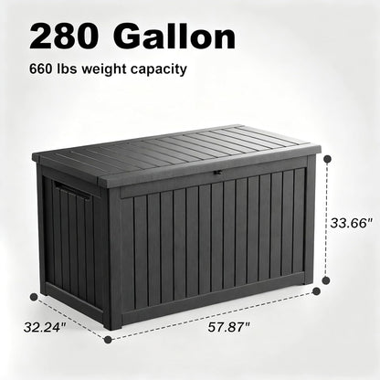 320 Gallon Waterproof Outdoor Storage Box, UV Resistant Resin Deck Box with Hydraulic Rod for Reinforced Stability, Perfect for Patio, Garden, and Pool（Black，320 Gallon）