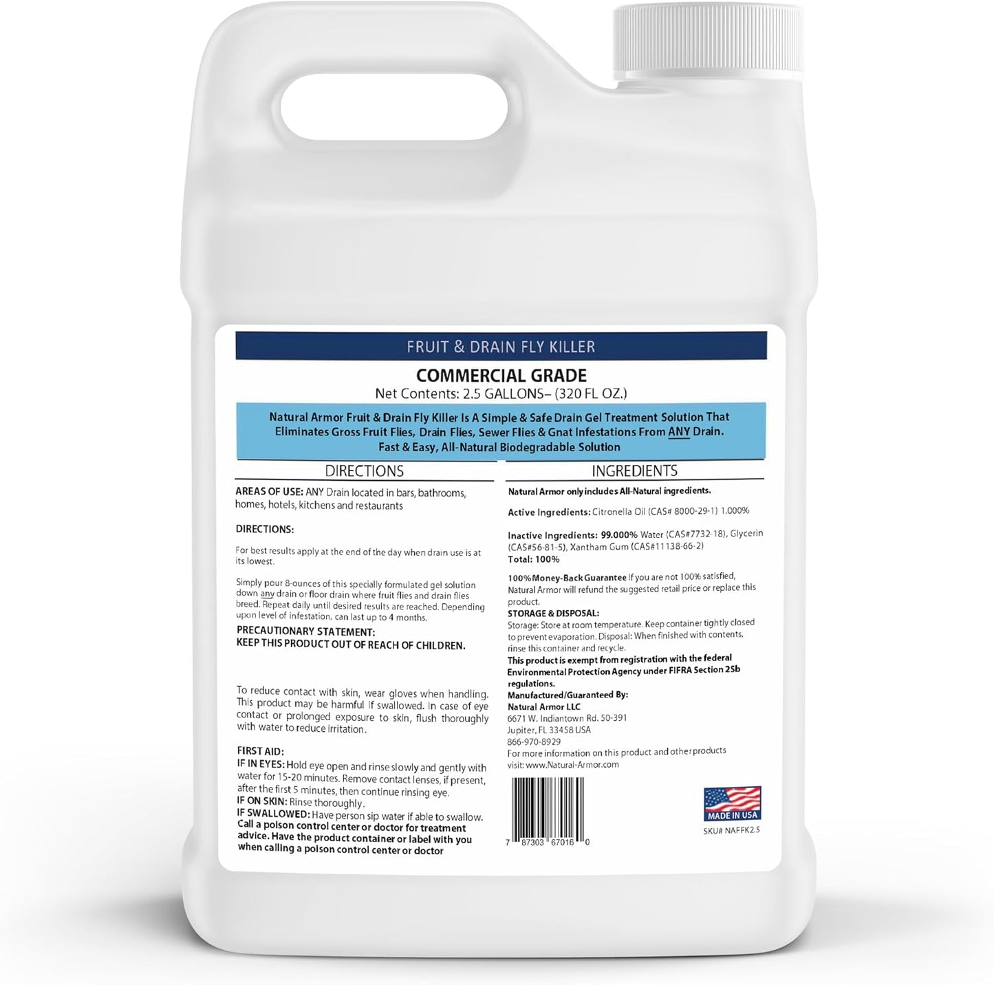 Natural Armor Drain Fly & Fruit Fly Killer (128oz Gallon) | Eliminates Gross Fruit, Drain, Sewer & Gnat Infestations from Any Drain - Simple, Easy to Use - Sewer & Septic Safe