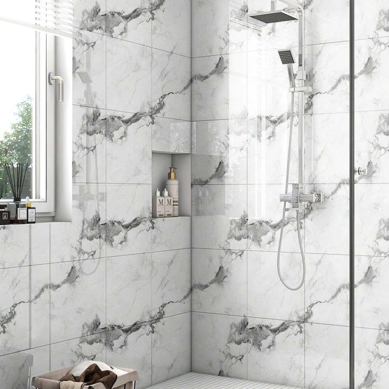 Chejiaye 10pcs Marble Peel and Stick Backsplash Waterproof Washroom Wall Panels, Peel and Stick Tile, PVC Foam Wall Panels for Kitchen,Bathroom,Living Room,Blue and Gold(Not Real Tile,11.8" x 11.8")