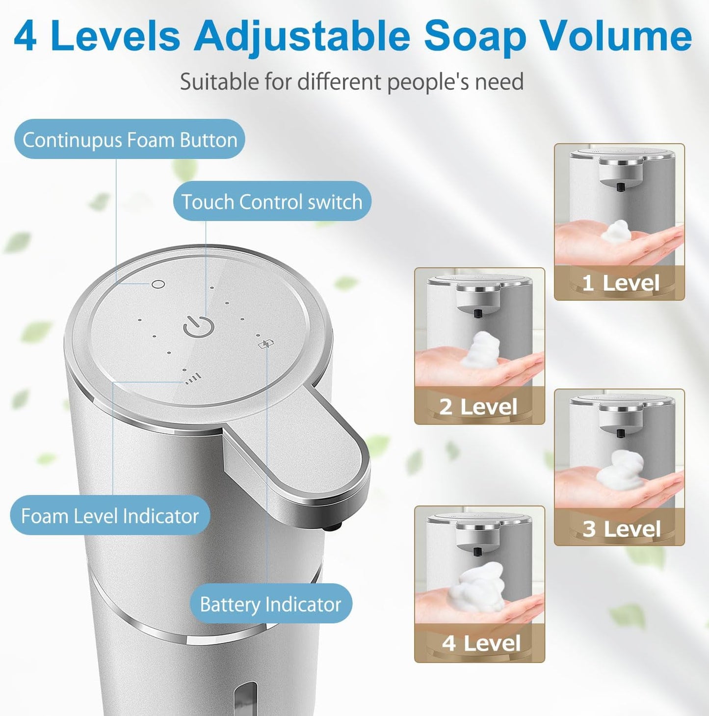 Automatic Foaming Soap Dispenser,4-Level Adjustable Foam, Wall Mount,USB Rechargeable,12.8oz/ 380ml,Touchless Hand & Dish Soap Dispenser for Bathroom, Kitchen,Hotel, Restaurant