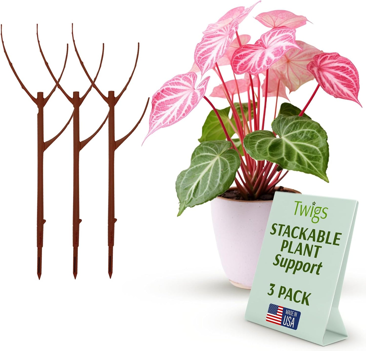 Twigs GA Stackable Plant Support Stakes, Moonstone, 3-Pack, 17" L | Made in USA, UV-Protected Sticks, Natural-Looking Stem Support Stakes, Stackable Poles for Indoor & Outdoor Plants up to 5ft