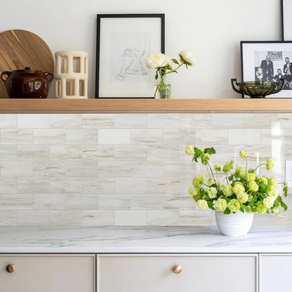 Vamos Tile 100-Piece Glossy Dolomite White Peel and Stick Backsplash Tile,3''x6'' PVC Subway Tile with White Grout, Stick on Backsplash for Kitchen/Bathroom/Fireplace