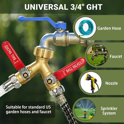 Garden Hose Splitter 2 Way, Heavy Duty Brass Full Flow Y Valve, 3/4" GHT | Solid Brass Construction with Leak-Proof Washers, Long Metal Handles for Watering, Sprinklers, RVs and Car Washing.